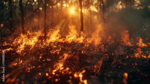 Wildfire with towering flames engulfing a dense forest, emitting orange flames and smoke. The severity of forest fires. © Varunee