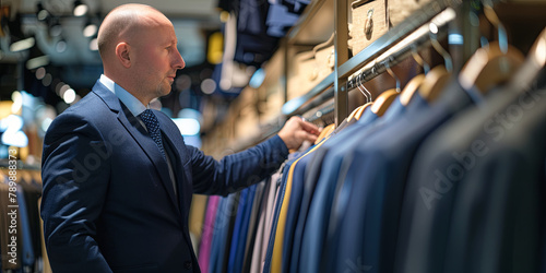 a man in his late thirties, wearing an elegant blue suit and tie with short hair, standing at the rack of a luxury men's fashion store, generative AI
