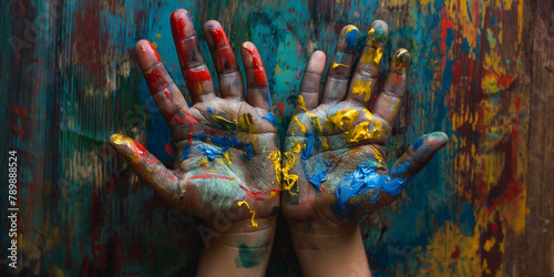 A close up of a child hands covered in paint on multicoloured background,
 photo
