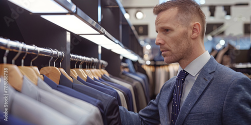a man in his late thirties, wearing an elegant blue suit and tie with short hair, standing at the rack of a luxury men's fashion store, generative AI photo