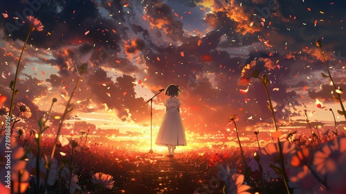 Girl standing in front of a microphone in the middle of a flower field, Back view photo