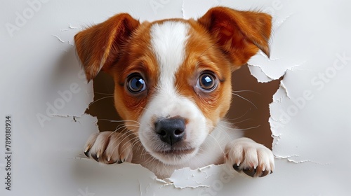 A cute puppy dog peeking through a hole in a white wall.