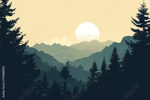 Vector landscape, sunset scene in nature with mountains and forest, silhouettes of trees and hills. Beautiful landscape of mountains and wild forest. Sunset. mountains. Forest. Illustration background