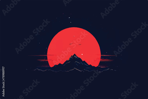 Red moon behind the black silhouette mountain, black background vector. A mountain and a red moon. minimalist dark wallpaper with red moon and mountain.