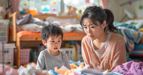 Asian mother reprimanding child over a messy bedroom photo