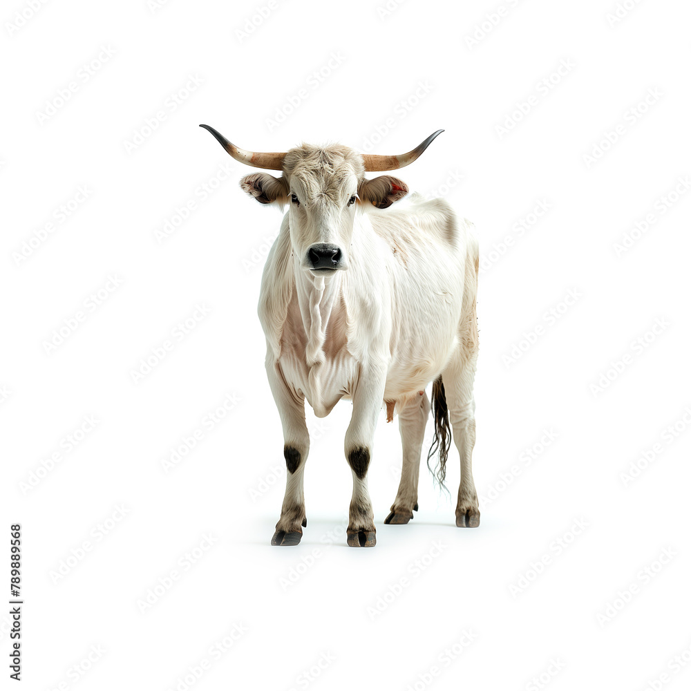 White Cow With Horns on White Background. Generative AI