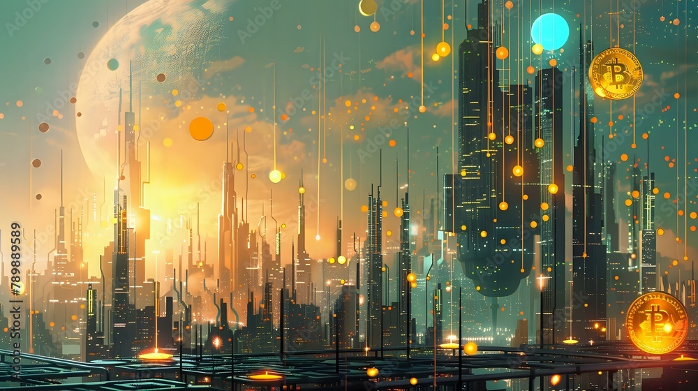 Cityscape of Cryptocurrency: A Detailed Digital Artwork Depicting Financial Growth and Technology