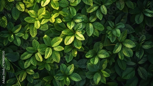  lush green leaves bathed in warm sunlight,  photo