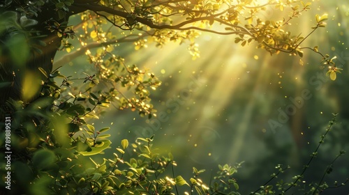  a tranquil forest setting, featuring a tree branch adorned with vibrant green foliage under the golden rays of the sun. 