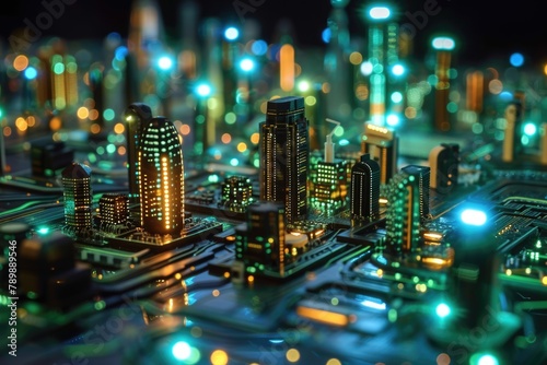 A conceptual visualization of a smart city with glowing structures on a digital circuit board, symbolizing urban technology integration concept. AIG41