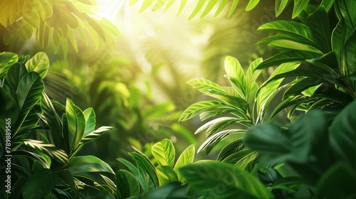  lush green leaves bathed in warm sunlight,  photo