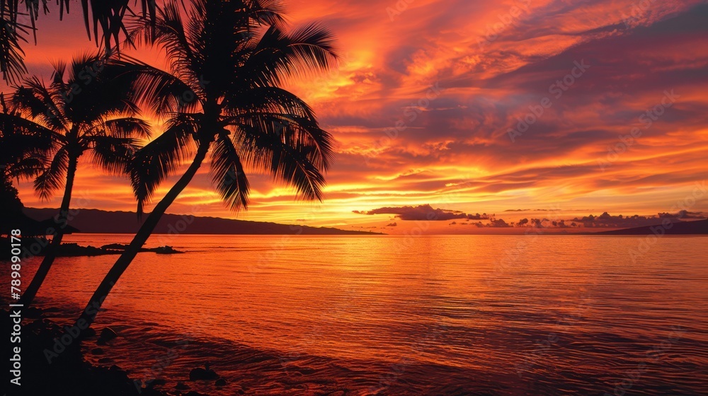 a stunning sunset casting warm hues of orange and pink over a tranquil seascape, 