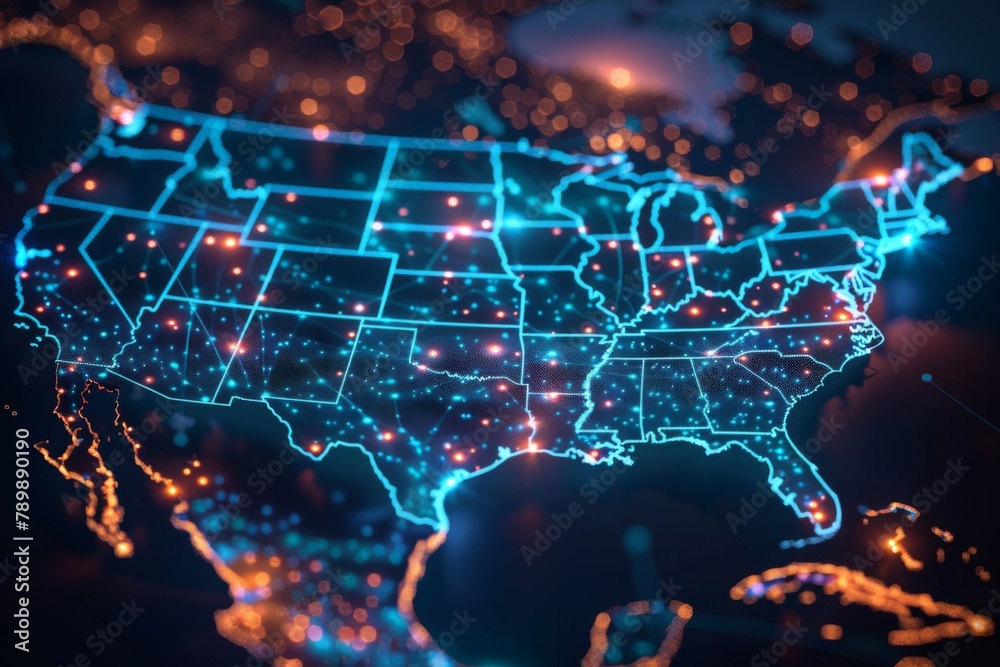 Fototapeta premium Digital Map of USA with Network Connection created with generative AI