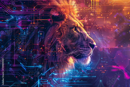 A stunning collision of a lion's head and a vibrant digital circuitry panel.