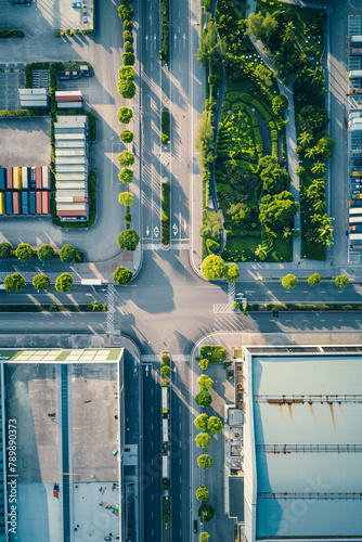 A drone aerial view of a green logistics hub, highlighting the integration of nature with logistics facilities for environmental sustainability