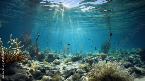 Underwater view, dead coral or aquatic plants, garbage under the sea,Undersea garbage covers coral reefs, environmental problems