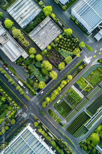 A drone aerial view of a green logistics hub, highlighting the integration of nature with logistics facilities for environmental sustainability