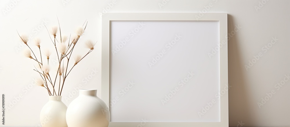 Fototapeta premium White vase and frame on table