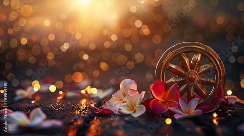 banner background Theravada New Year Day theme, and wide copy space, An artistic representation of the Wheel of Dhamma, a symbol of Buddhist teachings,  photo