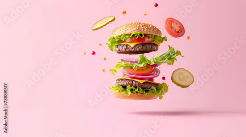 Hamburger cheeseburger explosion concept flying ingredients isolated on pastel color background 