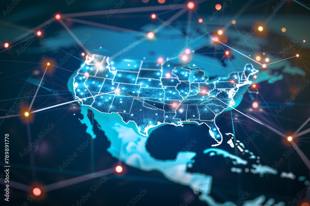 Digital Map of USA with Network Connection created with generative AI Digital Map of USA with Network Connection created with generative AI