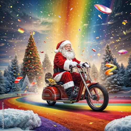A Painting of a Santa's Glimmering Journey: Jolly Saint Nick Soars on a Prismatic Path © ADI