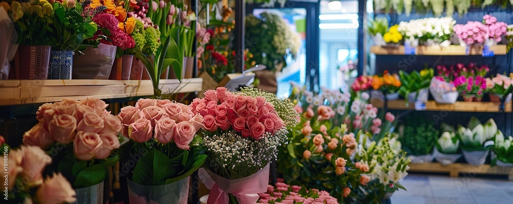 A luxury flower shop that sells bouquets with various types of colorful flowers