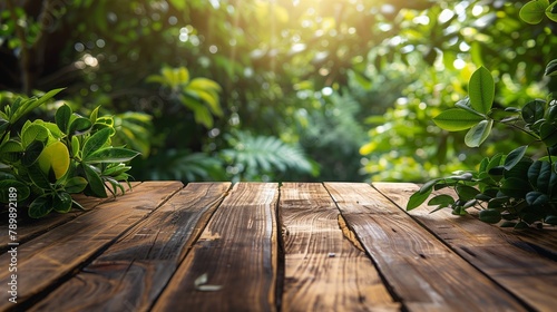 Sunlit Wooden Table with Fresh Green Foliage
