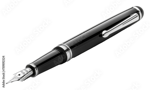Elegant black fountain pen with silver accents isolated on transparent background
