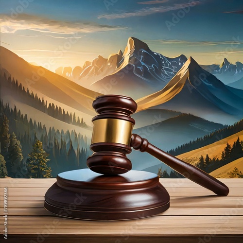 gavel and flag,a Judge's Gavel, the quintessential emblem of the legal system, positioned on a wooden stand inscribed with the word 