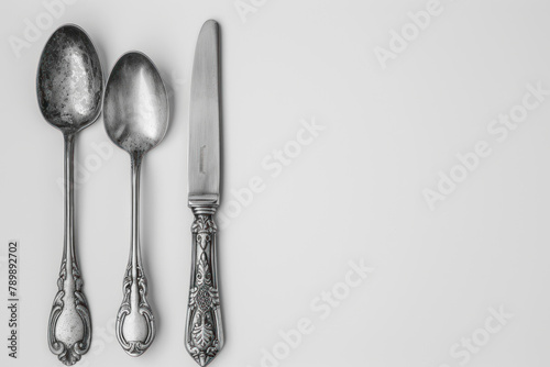 Vintage Silver Cutlery Set Laid Out on White Surface with Elegant Engraved Patterns