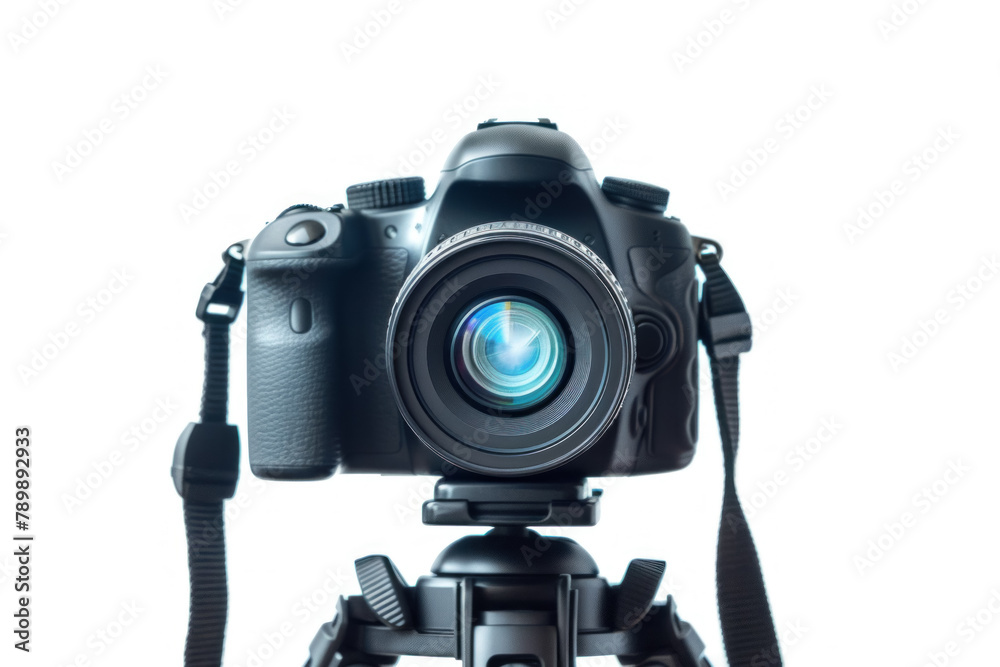 Professional DSLR Camera Mounted on a Tripod Ready for a Photoshoot on White Background