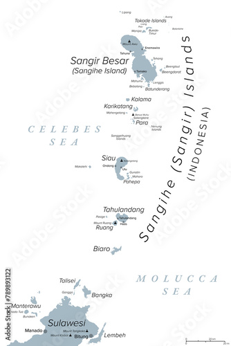 Sangihe Islands, an Indonesian archipelago, gray political map. Also Sangir, Sanghir or Sangi Islands, north of Sulawesi, between Celebes and Molucca Sea, with active volcanoes Mt. Awu and Mt. Ruang. photo