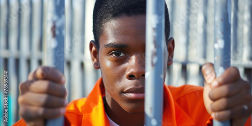 African-American teenage criminal behind bars in prison. Prisoner sit look into camera. Depicting imprisonment, criminal justice fair punishment, spend life in locked jail, incarceration theme concept photo