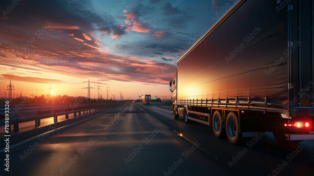 Φωτογραφία Back closeup view of a delivery truck driving on a road with morning sunrise lig