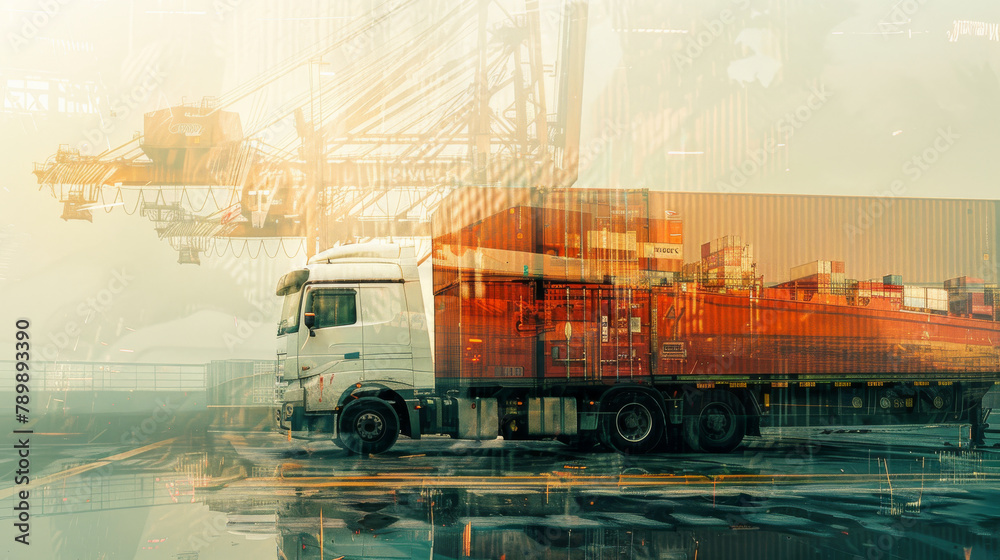 Transportation and logistic concept image with truck letting also see an harbor with container ship Transportation and logistic concept image with truck letting also see an harbor with container ship