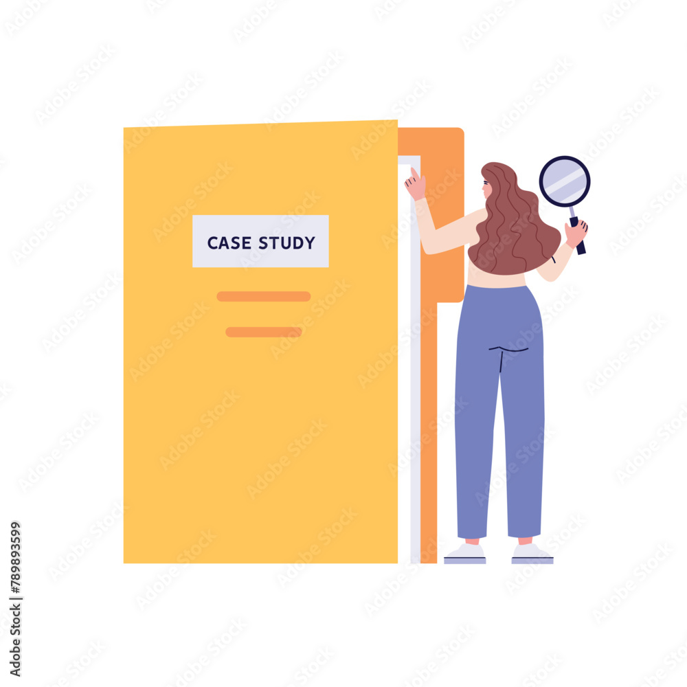 Woman studying information, facts. Concept of case study, searching business information, analyze of product features. Vector illustration in flat design for web banner Woman studying information, facts. Concept of case study, searching business information, analyze of product features. Vector illustration in flat design for web banner