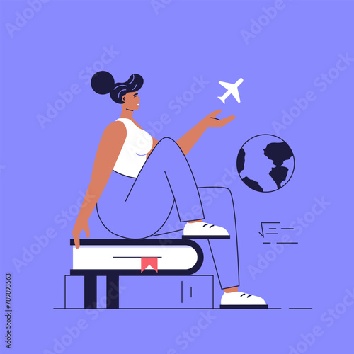 Foreign student learning in international high school. Concept of abroad study, global education, student exchange program, educational tourism. Vector illustration in flat design for web banner