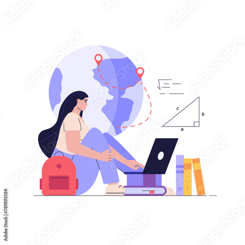 Foreign student learning in international high school. Concept of abroad study, global education, student exchange program, educational tourism. Vector illustration in flat design for web banner