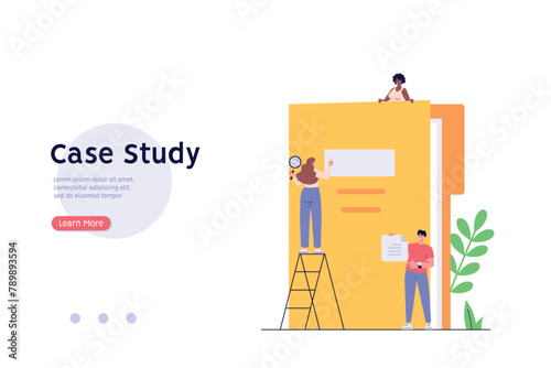 People studying information, facts. Concept of case study, searching business information, analyze of product features. Vector illustration in flat design for web banner