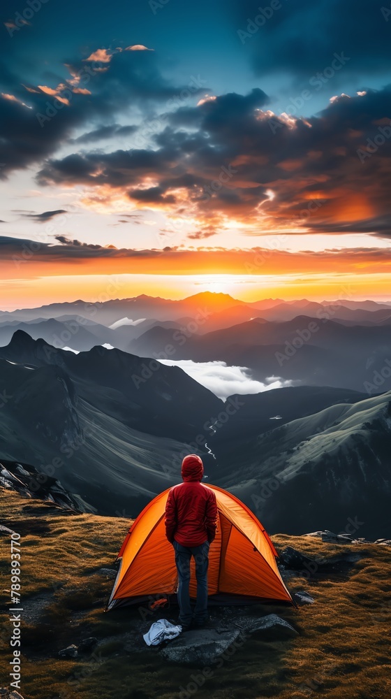 Solo camper setting up a tent on a mountain top at sunset, panoramic view of the valley below