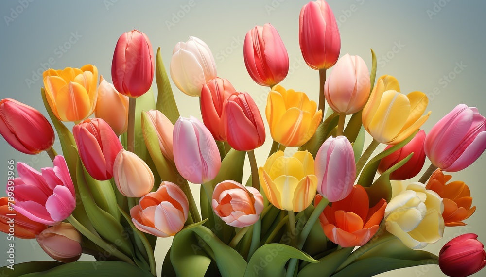 Array of 3Drendered tulips in full bloom, bright colors against a soft, uniform background Array of 3Drendered tulips in full bloom, bright colors against a soft, uniform background