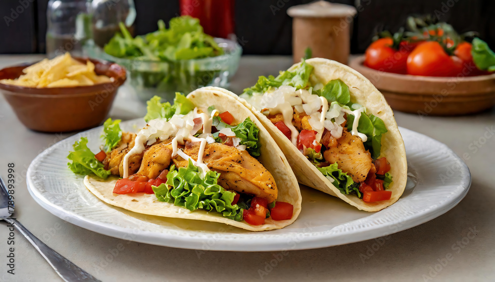 delicious chicken tacos filled with crispy fried chicken, fresh lettuce served on white plate delicious chicken tacos filled with crispy fried chicken, fresh lettuce served on white plate
