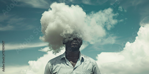 Adult man with cloud over his head. African American male with head clouds solitude. Loneliness, anxiety confused full of thoughts addiction, mental health depression isolated on blue background