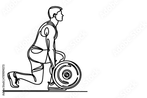 One continuous black line drawing of man lifting barbel with a heavy weight bar weightlifting at gym doodle linear drawing cartoon on white background vector