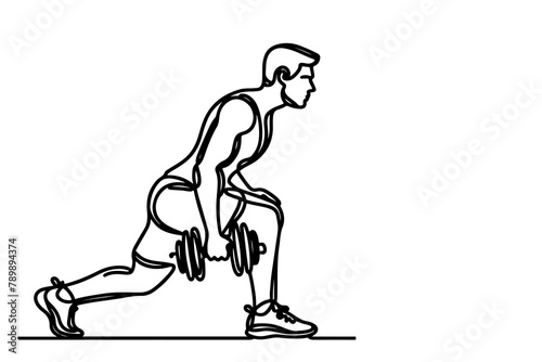 One continuous black line drawing of man lifting barbel with a heavy weight bar weightlifting at gym doodle linear drawing cartoon on white background vector