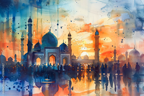 watercolor illustration showing a mosque at sunset during Eid al-Adha, with people gathered for prayer, painted with warm oranges and deep blues