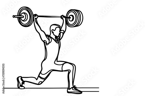 One continuous black line drawing of man lifting barbel with a heavy weight bar weightlifting at gym doodle linear drawing cartoon on white background vector