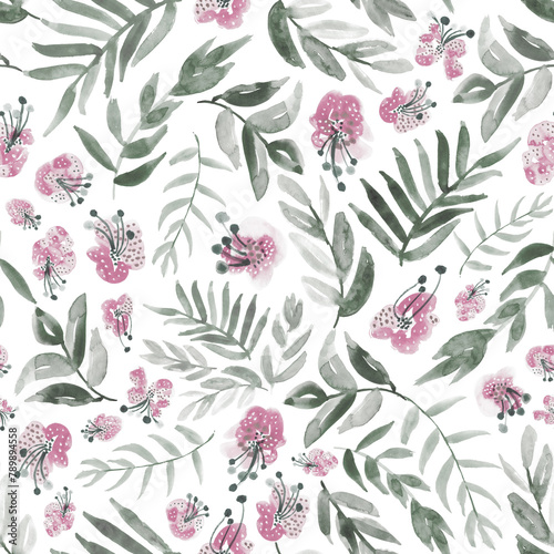 Watercolor floral in pink and greenish grey. Seamless pattern. 