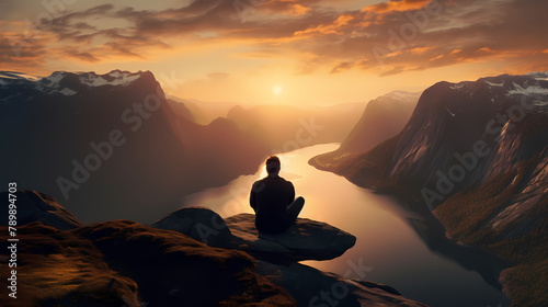 Man meditating on the mountainside #789894703
